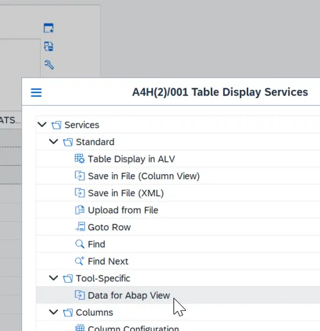 Der neue Eintrag „Data for Abap View“ im Service-Menü der Tabellenanzeige